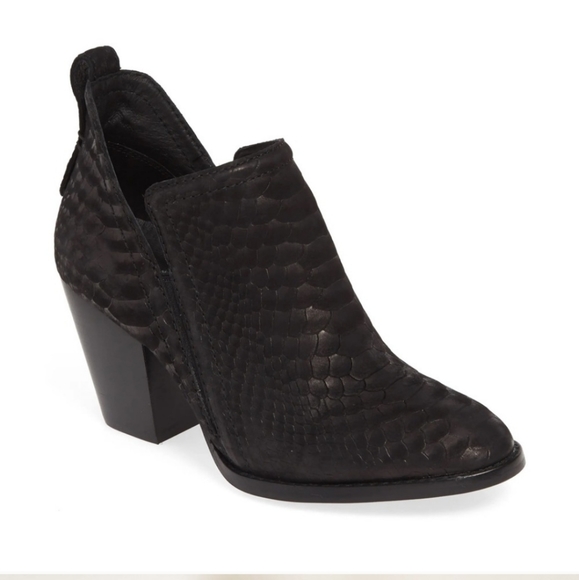 Jeffrey Campbell Shoes - JEFFREY CAMPBELL Rowlan Black Matte Snakeskin Embossed Stacked Heel Ankle Bootie